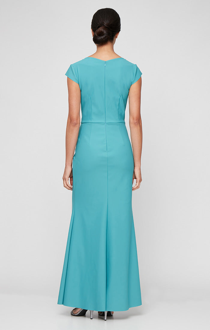 Compression V-Neck Gown with Cap Sleeves & Cascade Ruffle Skirt