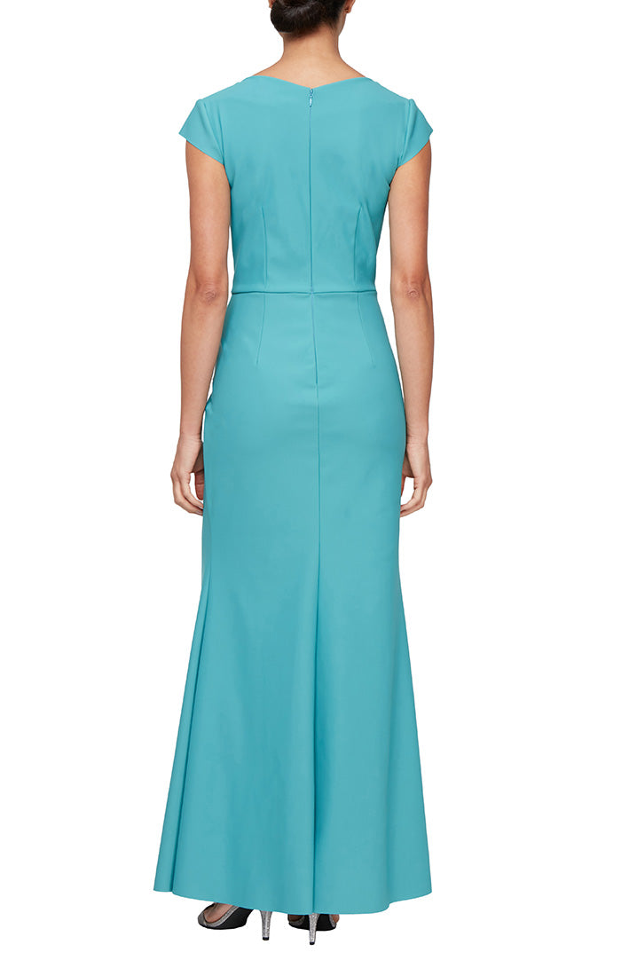 Compression V-Neck Gown with Cap Sleeves & Cascade Ruffle Skirt