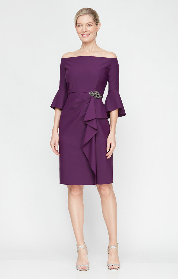 Short Off the Shoulder Sheath Compression Dress with Bell Sleeves and Embellished Cascade Detail Skirt