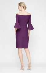 Short Off the Shoulder Sheath Compression Dress with Bell Sleeves and Embellished Cascade Detail Skirt