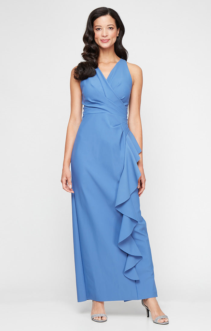 *Long Sleeveless Compression Collection Dress with Surplice Cutaway Halter Neckline and Cascade Ruffle Detail Skirt