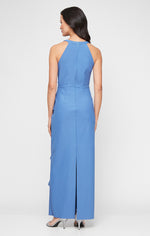 *Long Sleeveless Compression Collection Dress with Surplice Cutaway Halter Neckline and Cascade Ruffle Detail Skirt