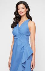 *Long Sleeveless Compression Collection Dress with Surplice Cutaway Halter Neckline and Cascade Ruffle Detail Skirt