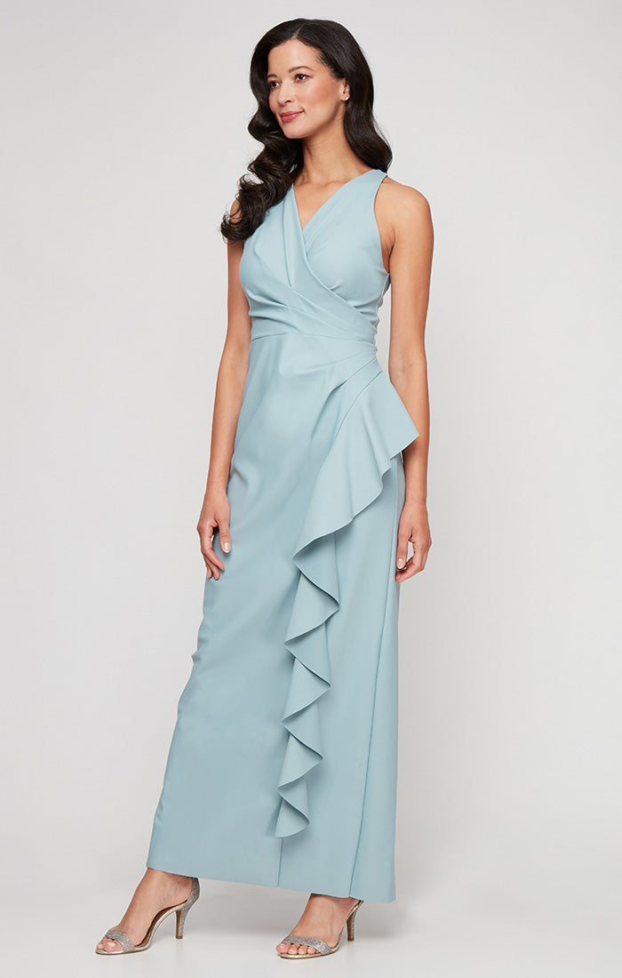 *Long Sleeveless Compression Collection Dress with Surplice Cutaway Halter Neckline and Cascade Ruffle Detail Skirt