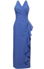 *Long Sleeveless Compression Collection Dress with Surplice Cutaway Halter Neckline and Cascade Ruffle Detail Skirt