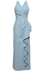 *Long Sleeveless Compression Collection Dress with Surplice Cutaway Halter Neckline and Cascade Ruffle Detail Skirt