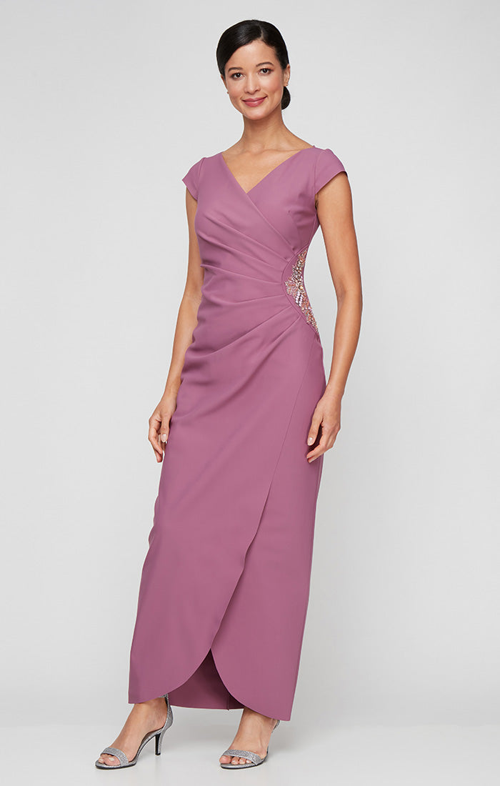 Petite Long Compression Dress with Surplice Neckline, Cap Sleeves, Tulip Overlay Skirt and Beaded Embellishment at Hip