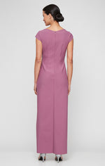 Petite Long Compression Dress with Surplice Neckline, Cap Sleeves, Tulip Overlay Skirt and Beaded Embellishment at Hip