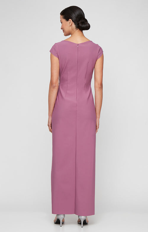 Petite Long Compression Dress with Surplice Neckline, Cap Sleeves, Tulip Overlay Skirt and Beaded Embellishment at Hip