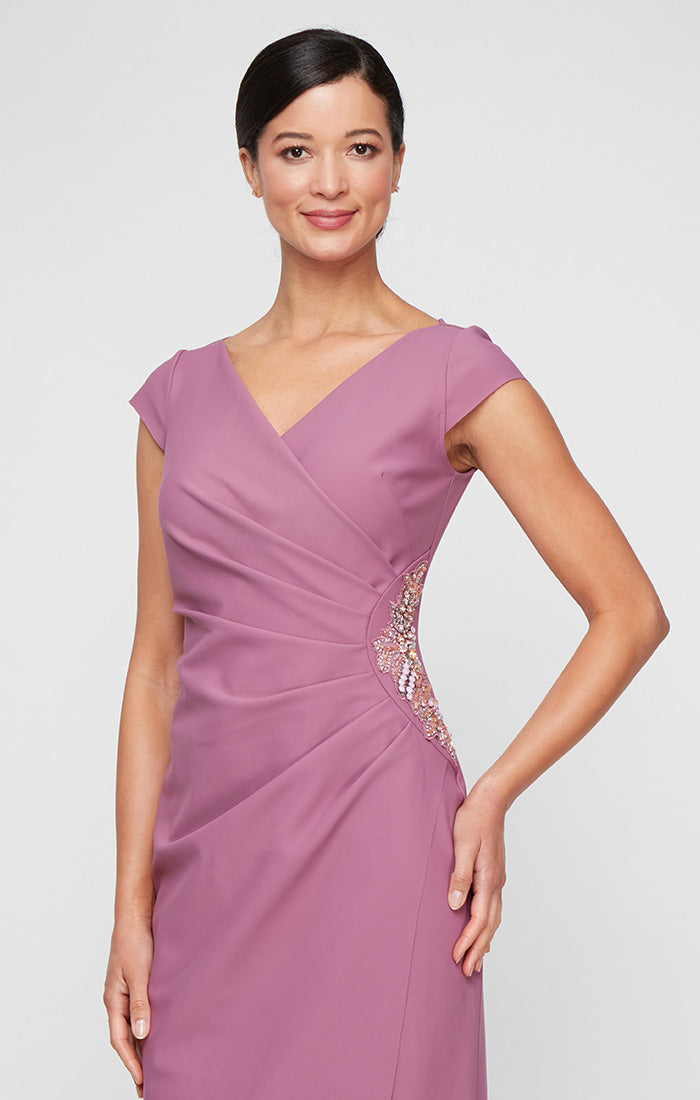 Petite Long Compression Dress with Surplice Neckline, Cap Sleeves, Tulip Overlay Skirt and Beaded Embellishment at Hip