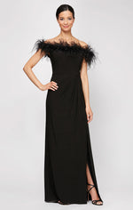 Long Off-the-Shoulder Jersey Gown with Front Slit & Maribou Detail Neckline