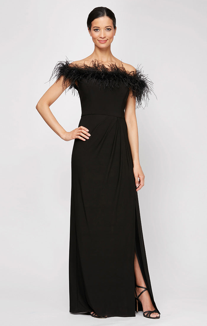 Long Off-the-Shoulder Jersey Gown with Front Slit & Maribou Detail Neckline