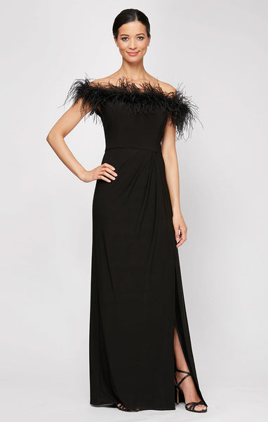 black off the shoulder long dress Alex Evenings Faux-Feather Off-the-Shoulder Gown - A hidden zip at Off Shoulder Smocked Dress Amanda Uprichard Waist:48