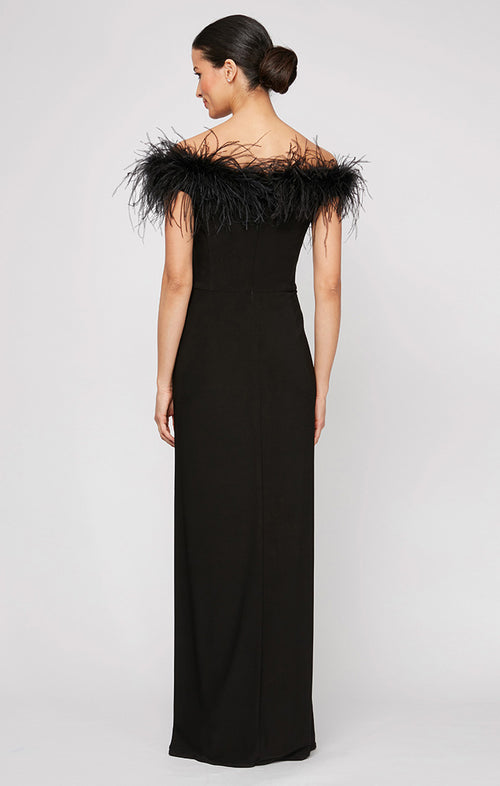 Long Off-the-Shoulder Jersey Gown with Front Slit & Maribou Detail Neckline