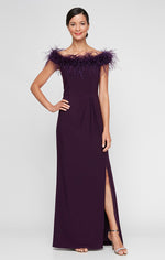 Regular - Off-the-Shoulder Jersey Gown with Maribou Detail Neckline & Front Slit