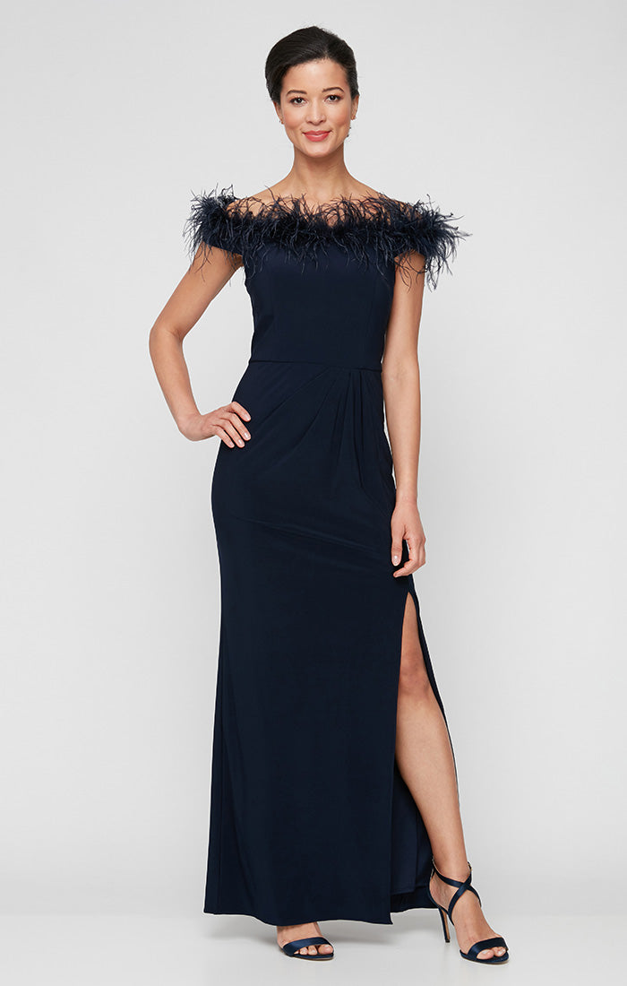 Regular - Off-the-Shoulder Jersey Gown with Maribou Detail Neckline & Front Slit