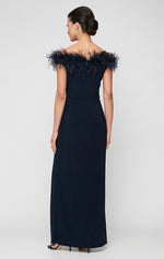 Regular - Off-the-Shoulder Jersey Gown with Maribou Detail Neckline & Front Slit