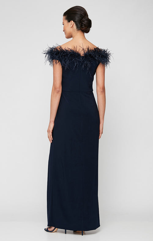 Regular - Off-the-Shoulder Jersey Gown with Maribou Detail Neckline & Front Slit