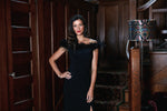 Long Off-the-Shoulder Jersey Gown with Front Slit & Maribou Detail Neckline