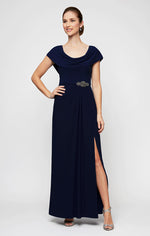 Long Cowl Neck A-Line Matte Jersey Dress with Pleated Bodice Detail, Cowl Back, and Embellishment Detail at Waist