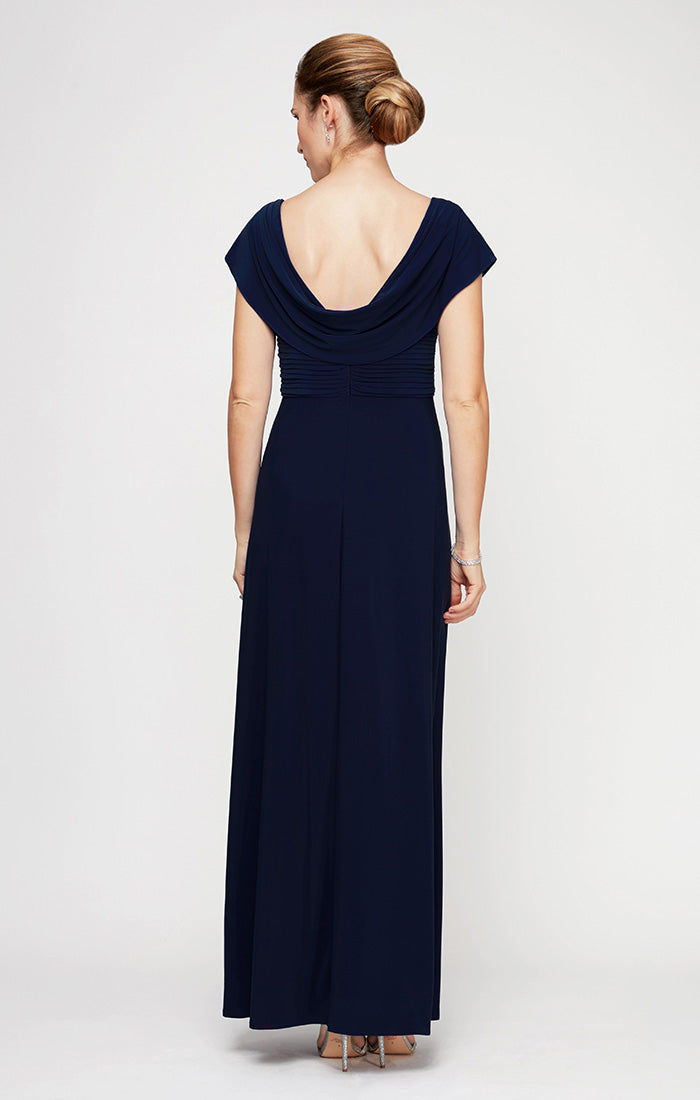 Petite Long Cowl Neck A-Line Matte Jersey Dress with Pleated Bodice Detail, Cowl Back, and Embellishment Detail