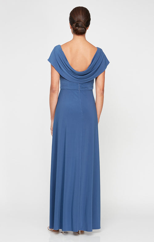 Long Cowl Neck A-Line Matte Jersey Dress with Pleated Bodice Detail, Cowl Back, and Embellishment Detail at Waist