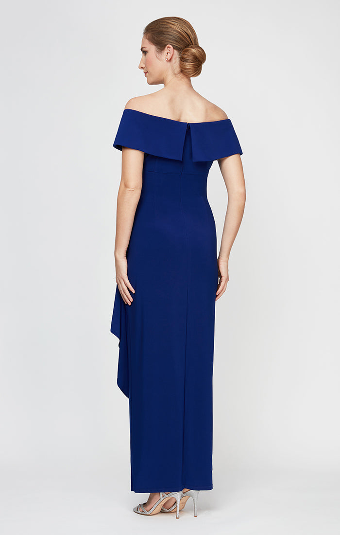 Long Off-the-Shoulder Matte Jersey Dress with Foldover Cuff, Embellishment Detail at Hip and Cascade Ruffle Skirt