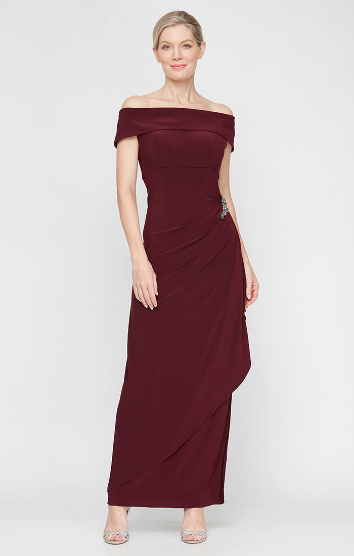 Long Off-the-Shoulder Matte Jersey Dress with Foldover Cuff, Embellishment Detail at Hip and Cascade Ruffle Skirt