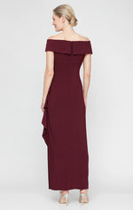 Long Off-the-Shoulder Matte Jersey Dress with Foldover Cuff, Embellishment Detail at Hip and Cascade Ruffle Skirt