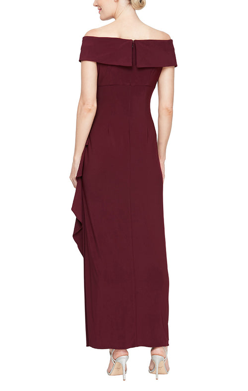 Long Off-the-Shoulder Matte Jersey Dress with Foldover Cuff, Embellishment Detail at Hip and Cascade Ruffle Skirt