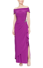 Plus Off-the-Shoulder Matte Jersey Dress with Foldover Cuff, Embellishment Detail at Hip & Front Slit