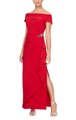 Long Off-the-Shoulder Matte Jersey Dress with Foldover Cuff, Embellishment Detail at Hip and Cascade Ruffle Skirt