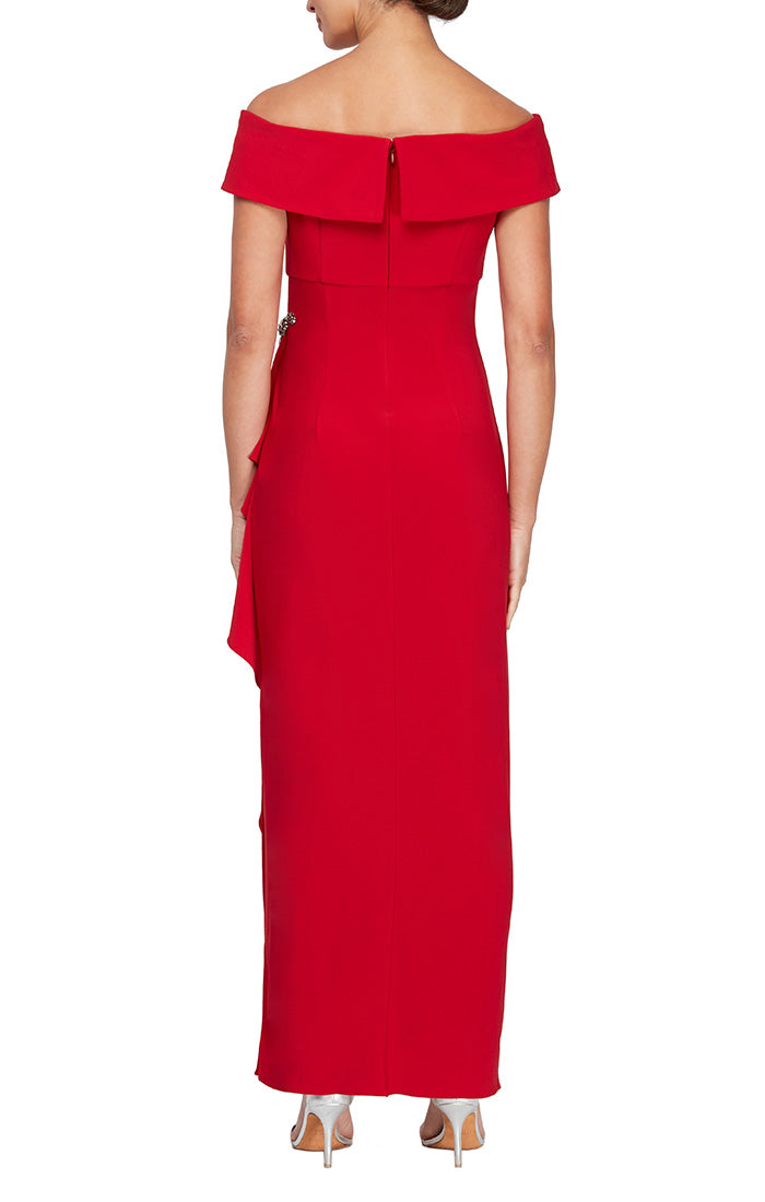 Long Off-the-Shoulder Matte Jersey Dress with Foldover Cuff, Embellishment Detail at Hip and Cascade Ruffle Skirt