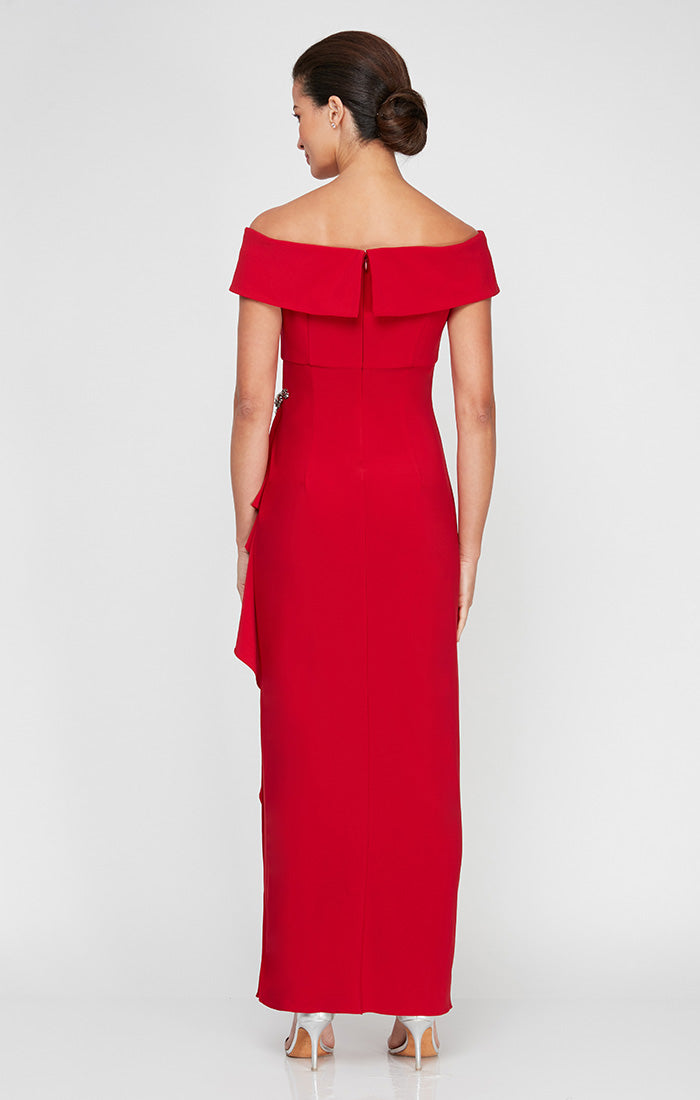 Long Off-the-Shoulder Matte Jersey Dress with Foldover Cuff, Embellishment Detail at Hip and Cascade Ruffle Skirt