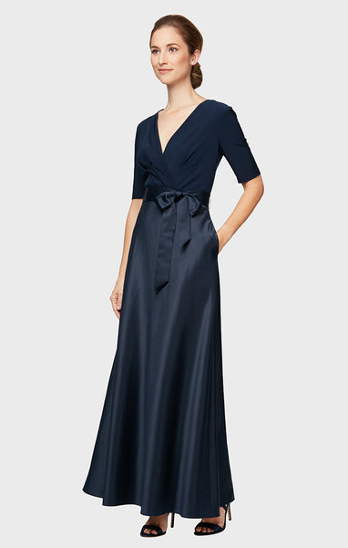 Alex Evenings Satin & Jersey Surplice-Neckline Ball Gown Navy / 12