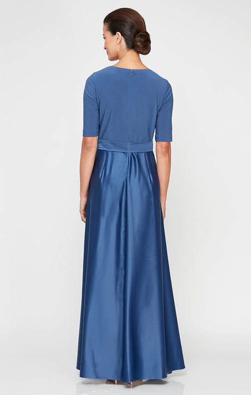 Surplice Neckline Ballgown with Full Satin Skirt & Jersey Bodice