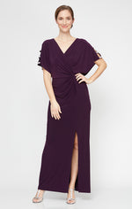 Long Knot Front Jersey Dress with Front Slit & Embellished Sleeve Cutouts