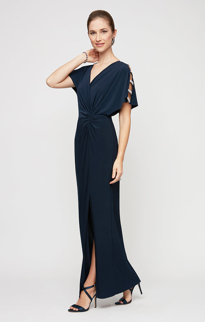 Long Knot Front Jersey Dress with Front Slit & Embellished Sleeve Cutouts