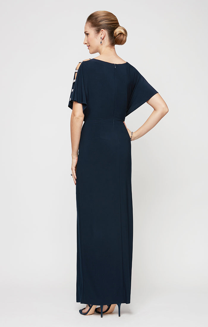 Long Knot Front Jersey Dress with Front Slit & Embellished Sleeve Cutouts