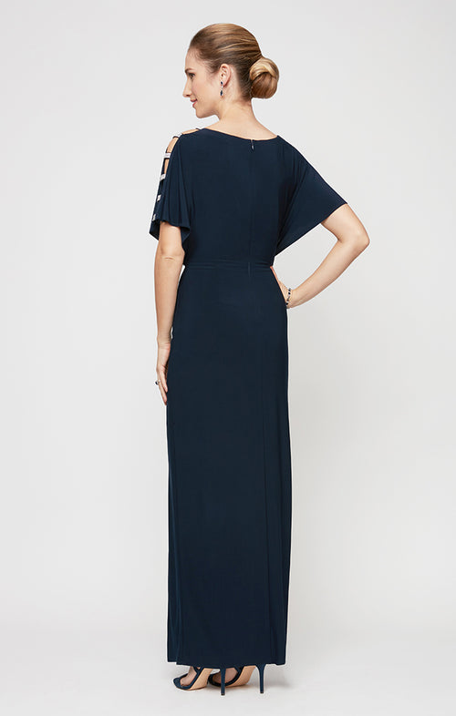 Petite Knot Front Dress with Front Slit & Embellishment at Shoulder