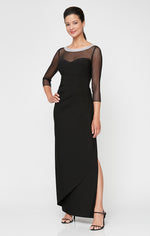 Long Matte Jersey Illusion 3/4 Sleeve Side Ruched Dress with Embellished Neckline