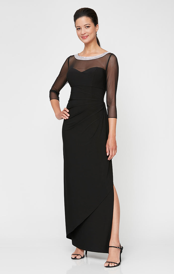 Long Matte Jersey Illusion 3/4 Sleeve Side Ruched Dress with Embellished Neckline