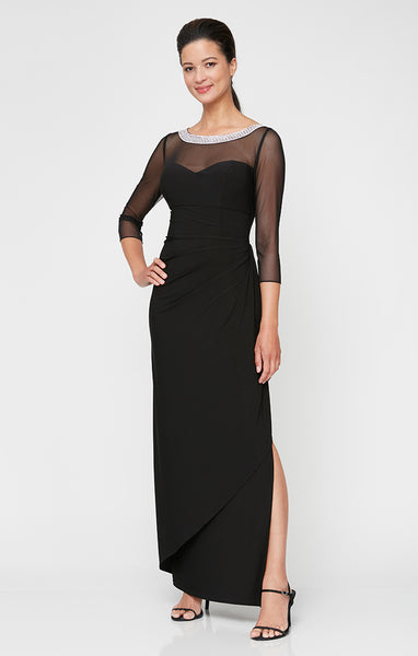 alex evenings women's long shift dress illusion neckline Alex Evenings Women's Embellished-Neck Side-Ruched Illusion Dress - Black