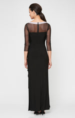 Long Matte Jersey Illusion 3/4 Sleeve Side Ruched Dress with Embellished Neckline