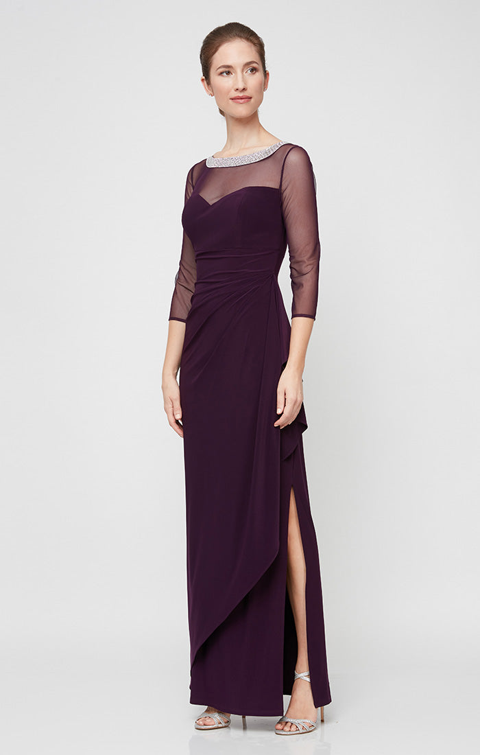 Long Matte Jersey Illusion 3/4 Sleeve Side Ruched Dress with Embellished Neckline