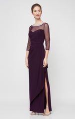 Petite Long Matte Jersey Illusion 3/4 Sleeve Side Ruched Dress with Embellished Neckline