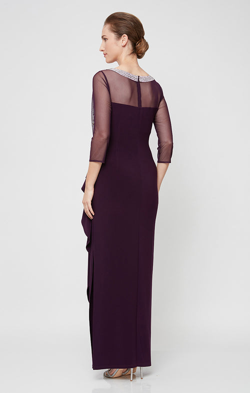 Long Matte Jersey Illusion 3/4 Sleeve Side Ruched Dress with Embellished Neckline