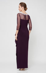 Petite Long Matte Jersey Illusion 3/4 Sleeve Side Ruched Dress with Embellished Neckline