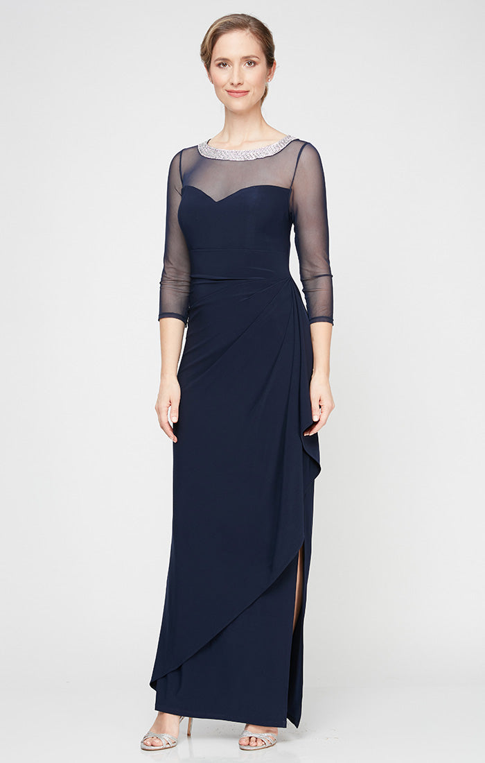 Long Matte Jersey Illusion 3/4 Sleeve Side Ruched Dress with Embellished Neckline