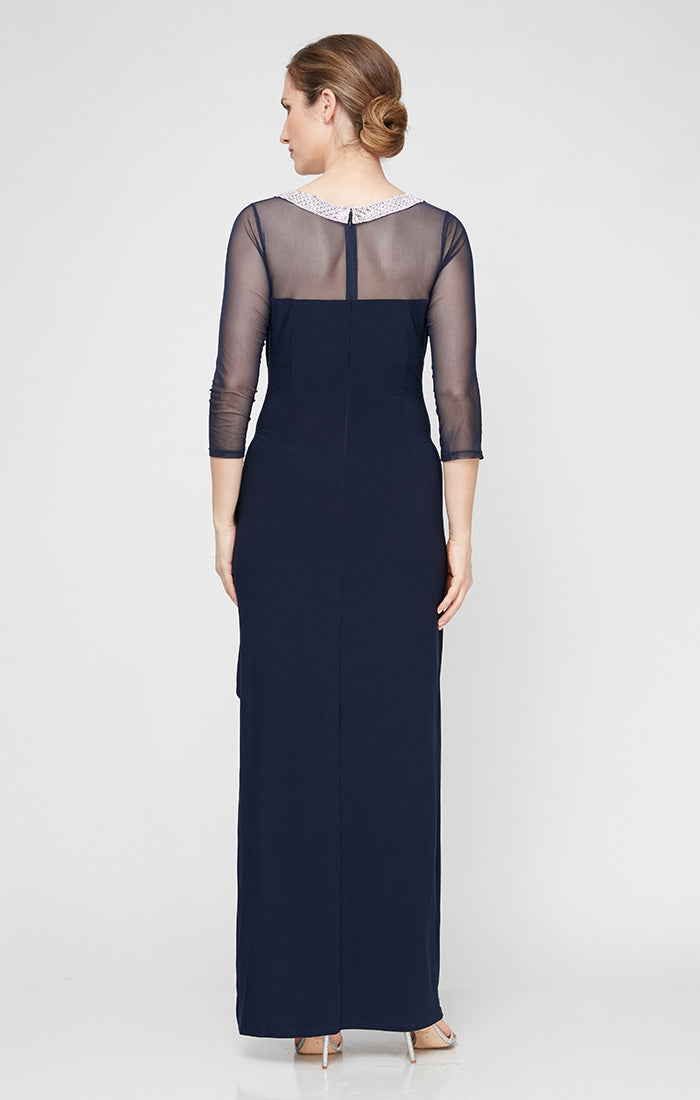 Long Matte Jersey Illusion 3/4 Sleeve Side Ruched Dress with Embellished Neckline